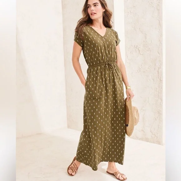 Garnet Hill Easy Cap-Sleeve Knit Maxi Dress, organic, moss-green, size L, NWOT - Picture 1 of 13